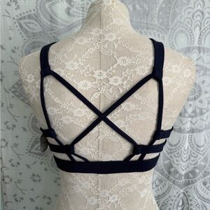 Nwt $36 Aerie American Eagle Chill Sports Bra Top Bralette Strappy Back L Navy